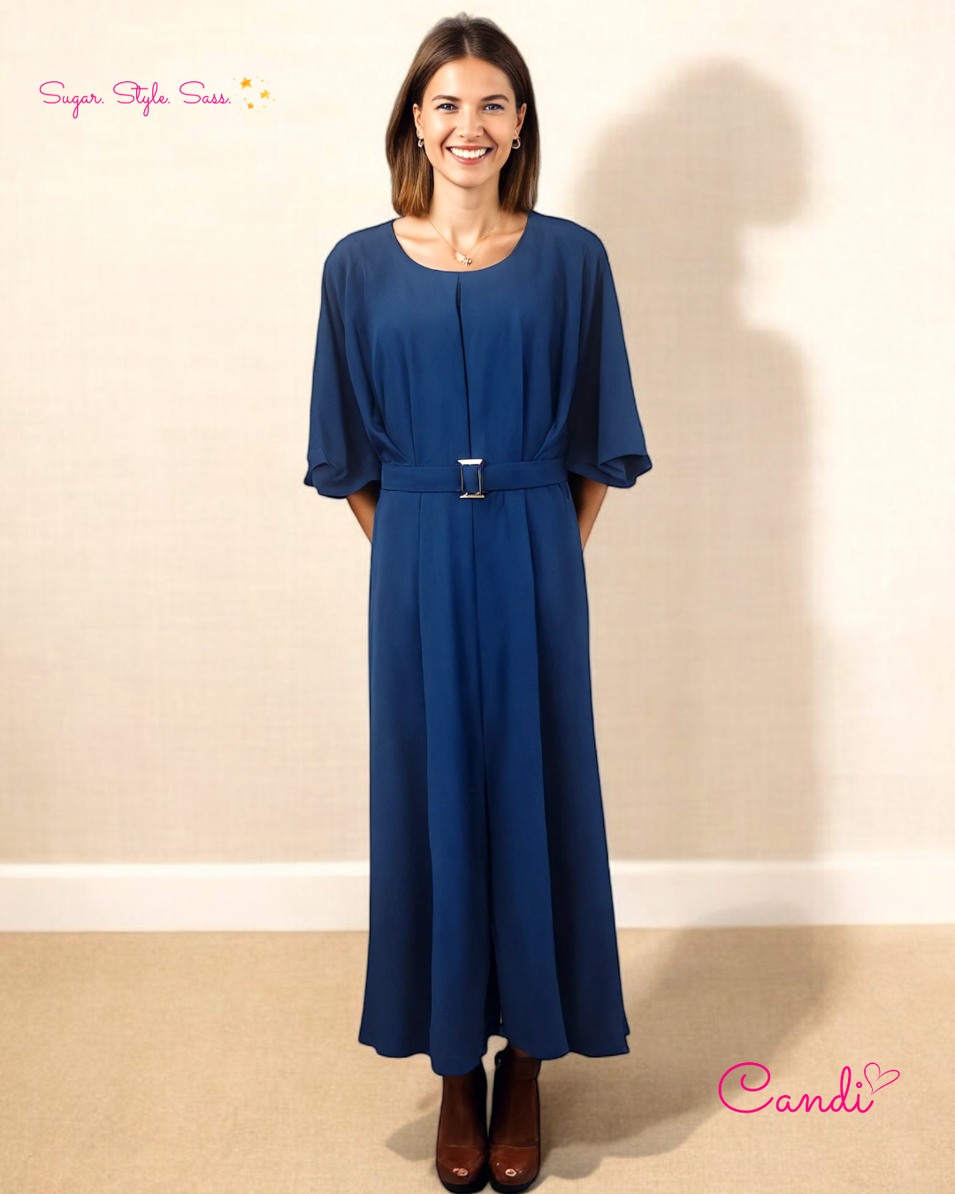 The Azure Muse Maxi Dress – Coastal Boho Elegance with Adjustable Buckle Belt. Fits Sizes M-XL.
