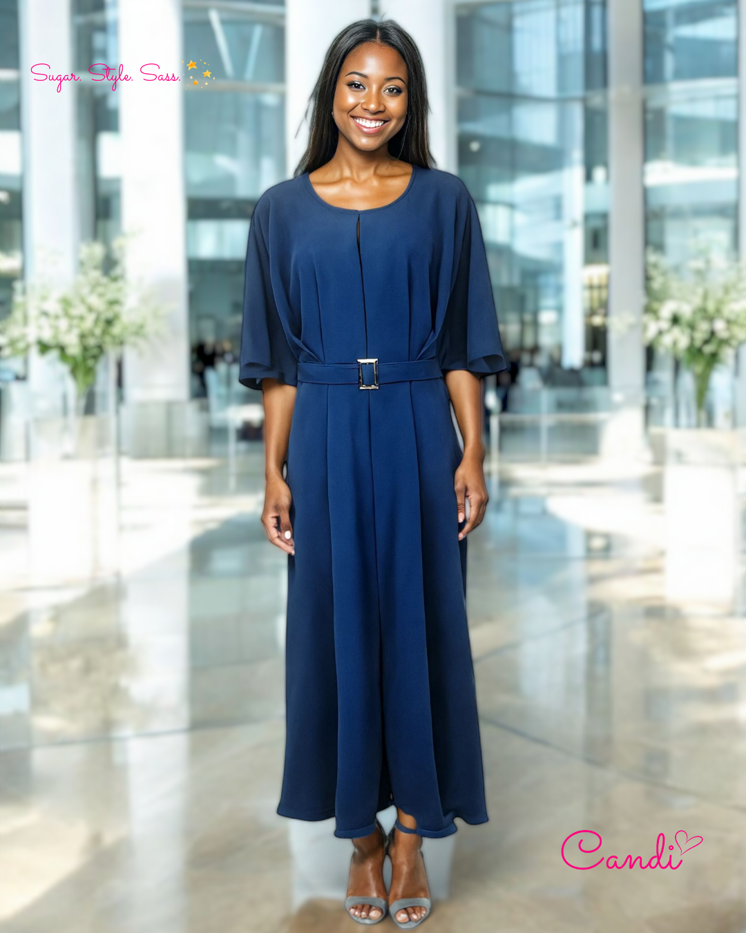 The Azure Muse Maxi Dress – Coastal Boho Elegance with Adjustable Buckle Belt. Fits Sizes M-XL.