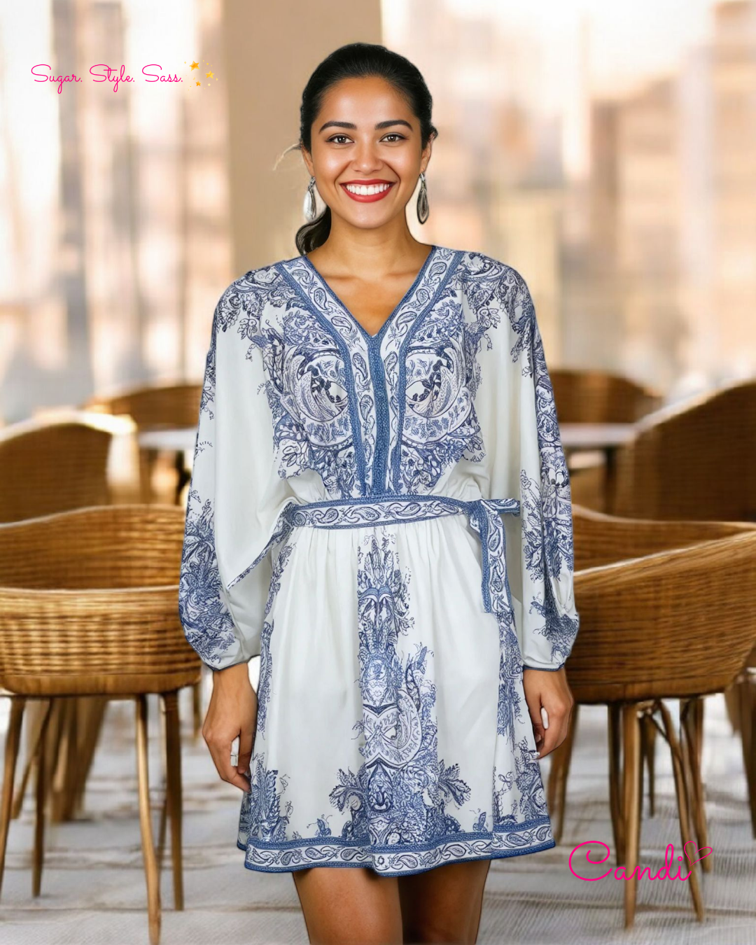 The Bohemian Breeze Mini Kaftan – Azure Floral Whimsy & Free-Spirited Charm. Fits Sizes S-L.