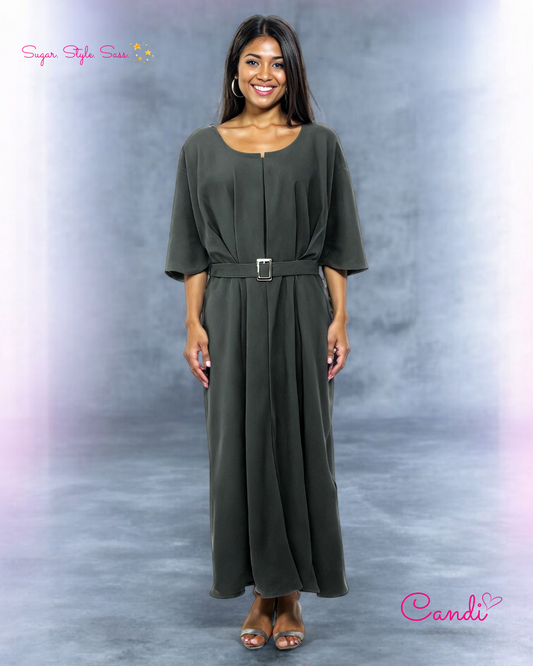 The Olive Grove Maxi Dress – Effortless Boho Elegance with Adjustable Buckle Belt. Fits Sizes M-XL.