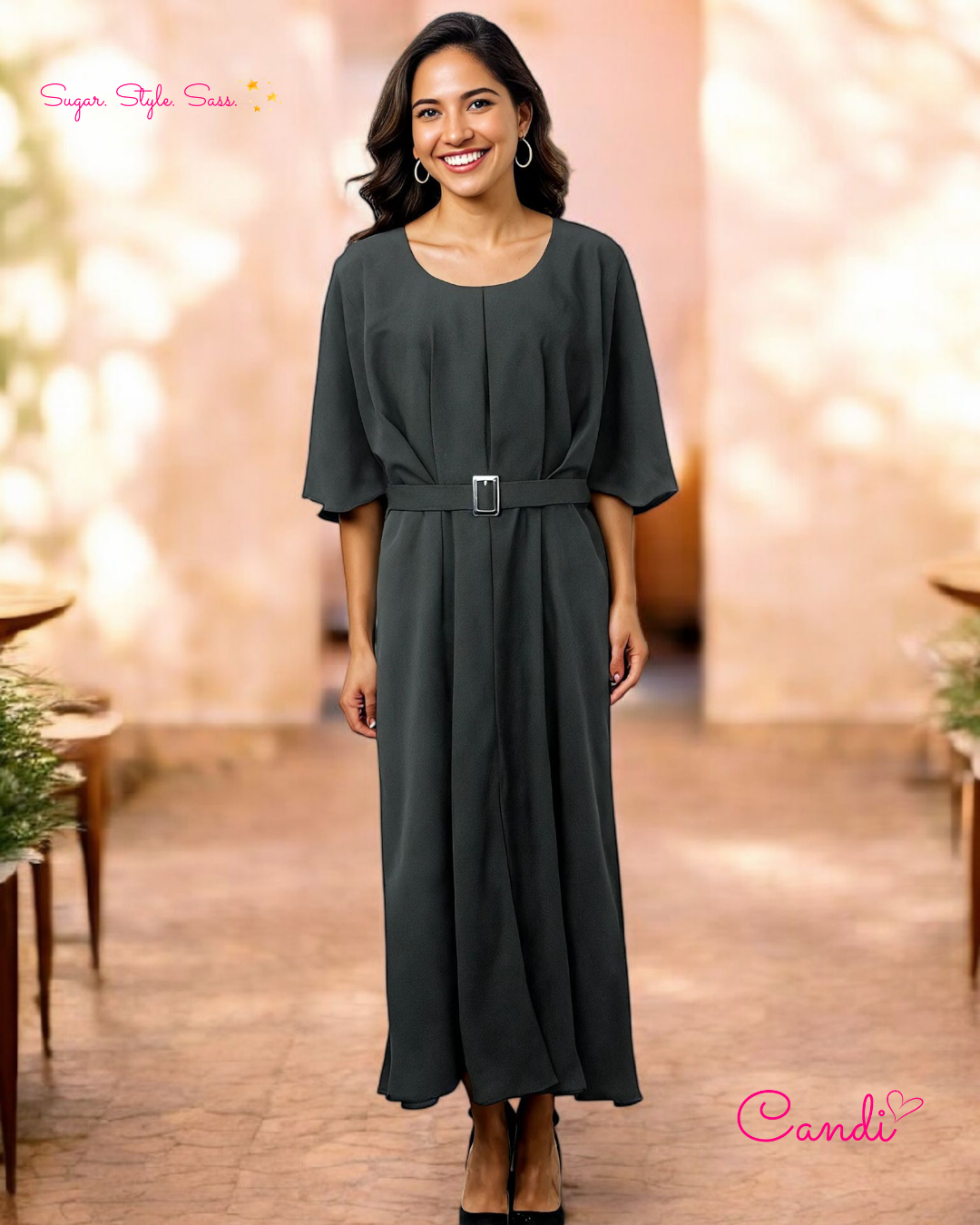 The Olive Grove Maxi Dress – Effortless Boho Elegance with Adjustable Buckle Belt. Fits Sizes M-XL.