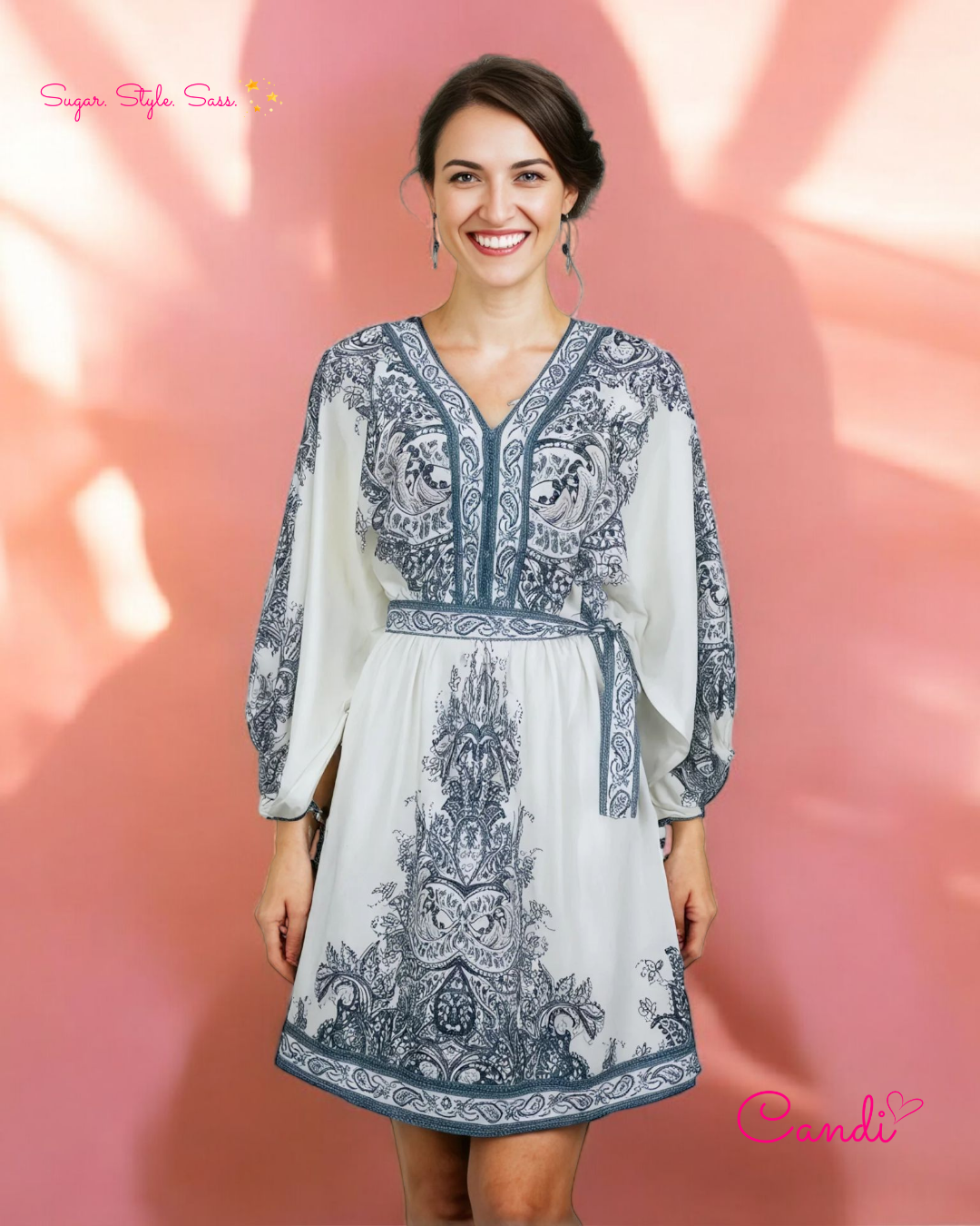 The Bohemian Muse Mini Kaftan – Emerald Floral Whimsy & Free-Spirit Charm. Fits Sizes S-L.