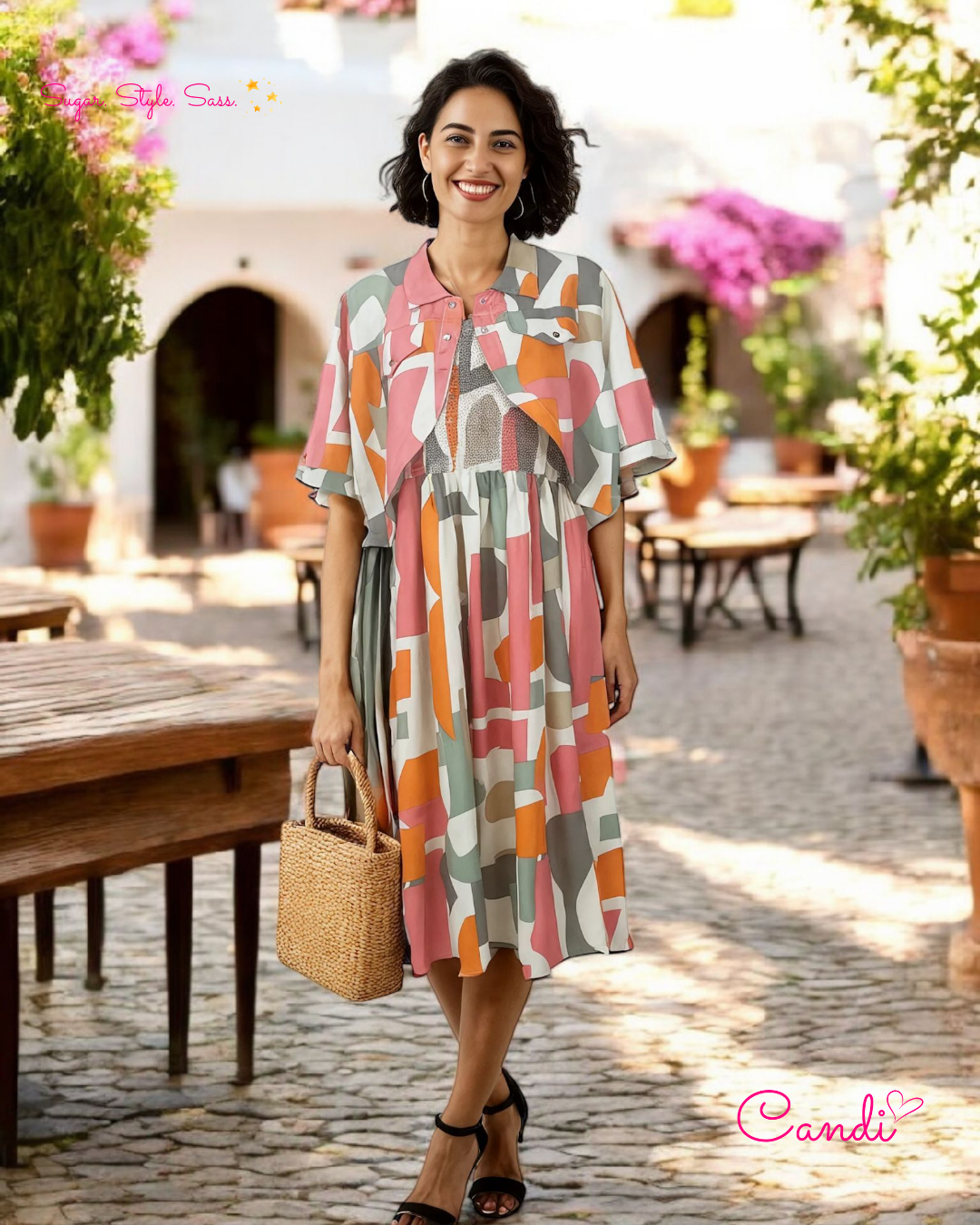 The Capri Midi Dress & Jacket Set – Abstract Elegance with Adjustable Straps. Fits Sizes S-XL.