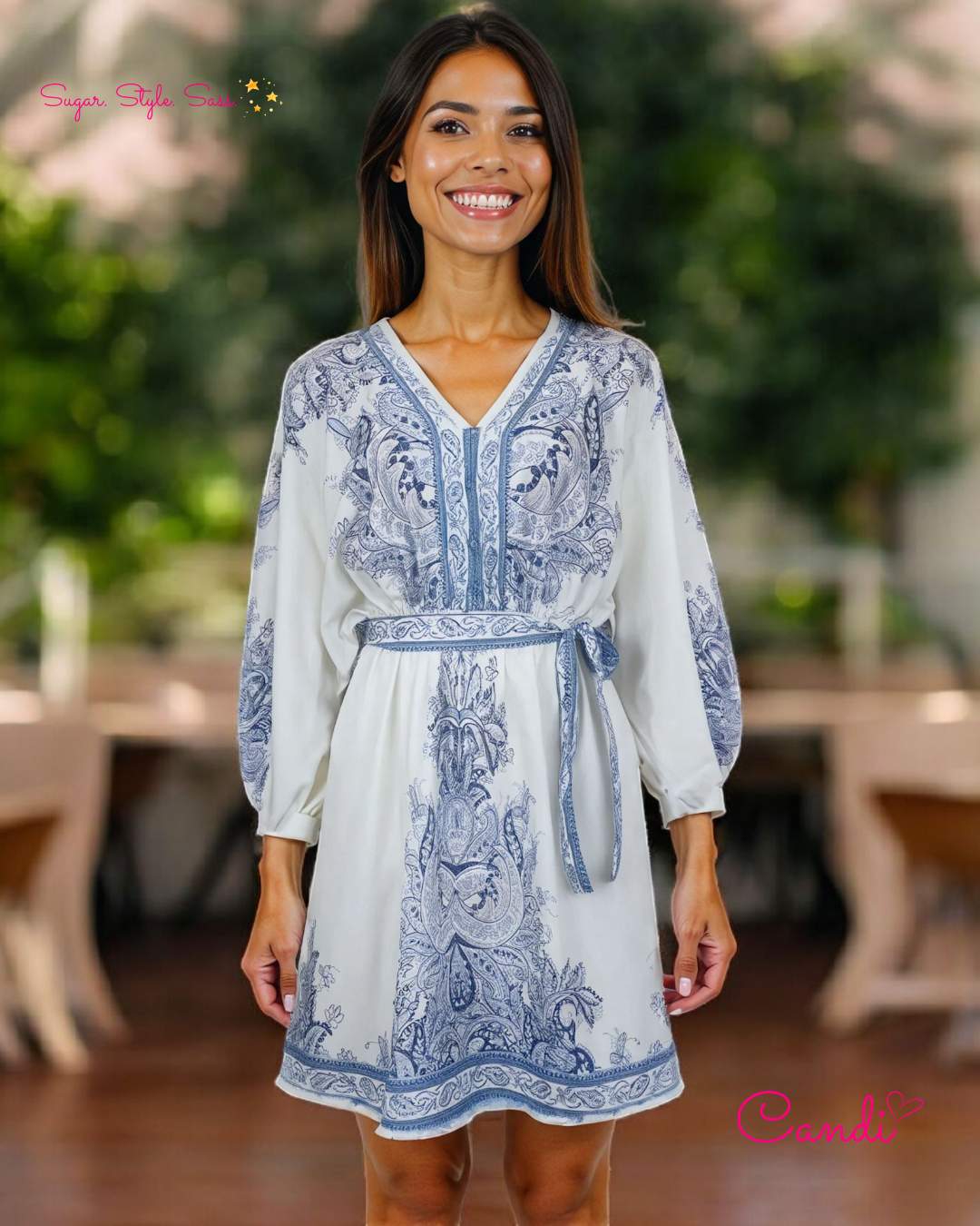 The Bohemian Sky Mini Kaftan – Light Blue Floral Serenity & Café-Ready Elegance. Fits Sizes S-L.