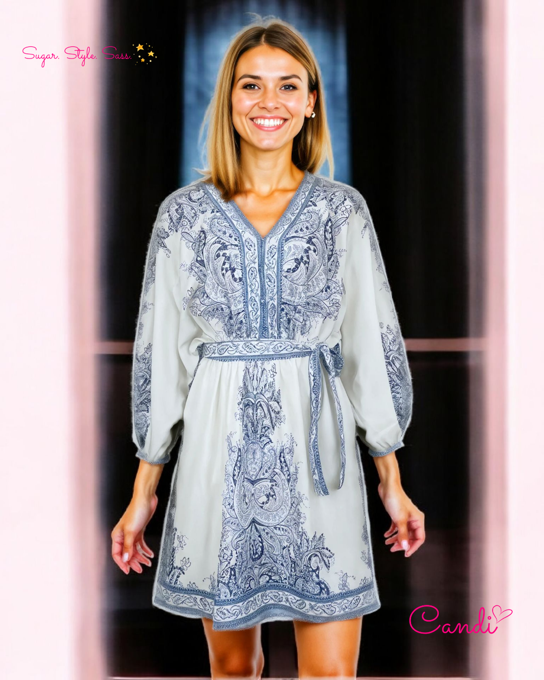The Bohemian Sky Mini Kaftan – Light Blue Floral Serenity & Café-Ready Elegance. Fits Sizes S-L.