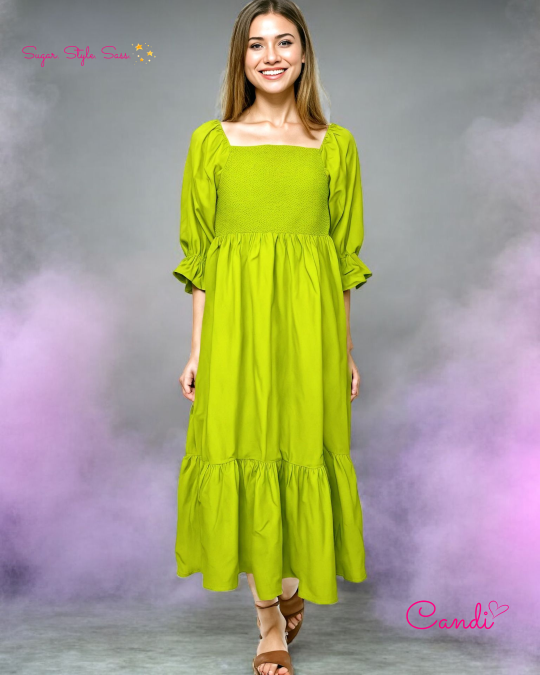 The Neon Muse Fit & Flare Dress – Puffed Sleeves & Smokey Artistry. Bold & Bright! Fits Sizes S-XXL.