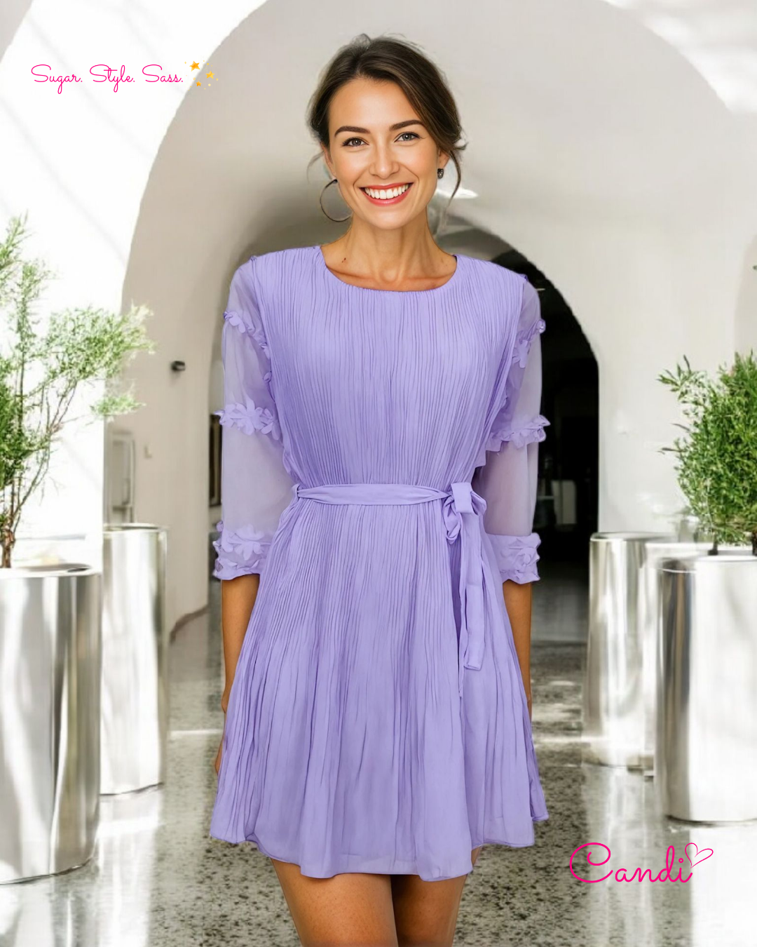 The Lavender Muse Mini Dress – Floral Sleeve Accents & Adjustable Waist. Fits Sizes S-L.