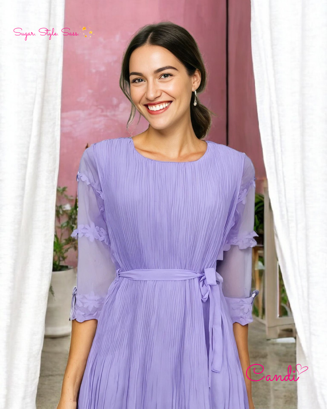 The Lavender Muse Mini Dress – Floral Sleeve Accents & Adjustable Waist. Fits Sizes S-L.