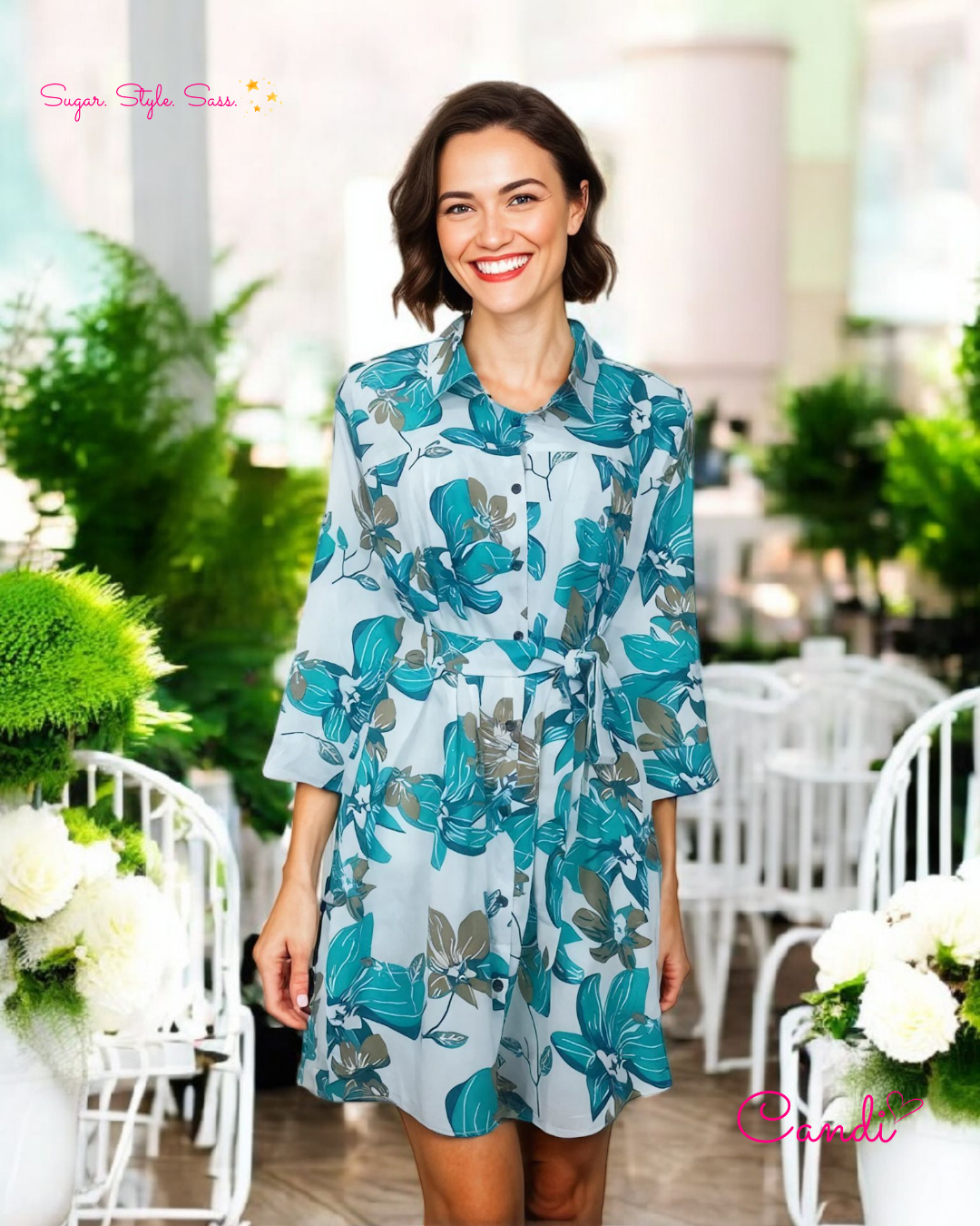 The Bloom Shirt Dress – Botanical Floral Print & Cinched Waist. Fits Sizes S-XL.