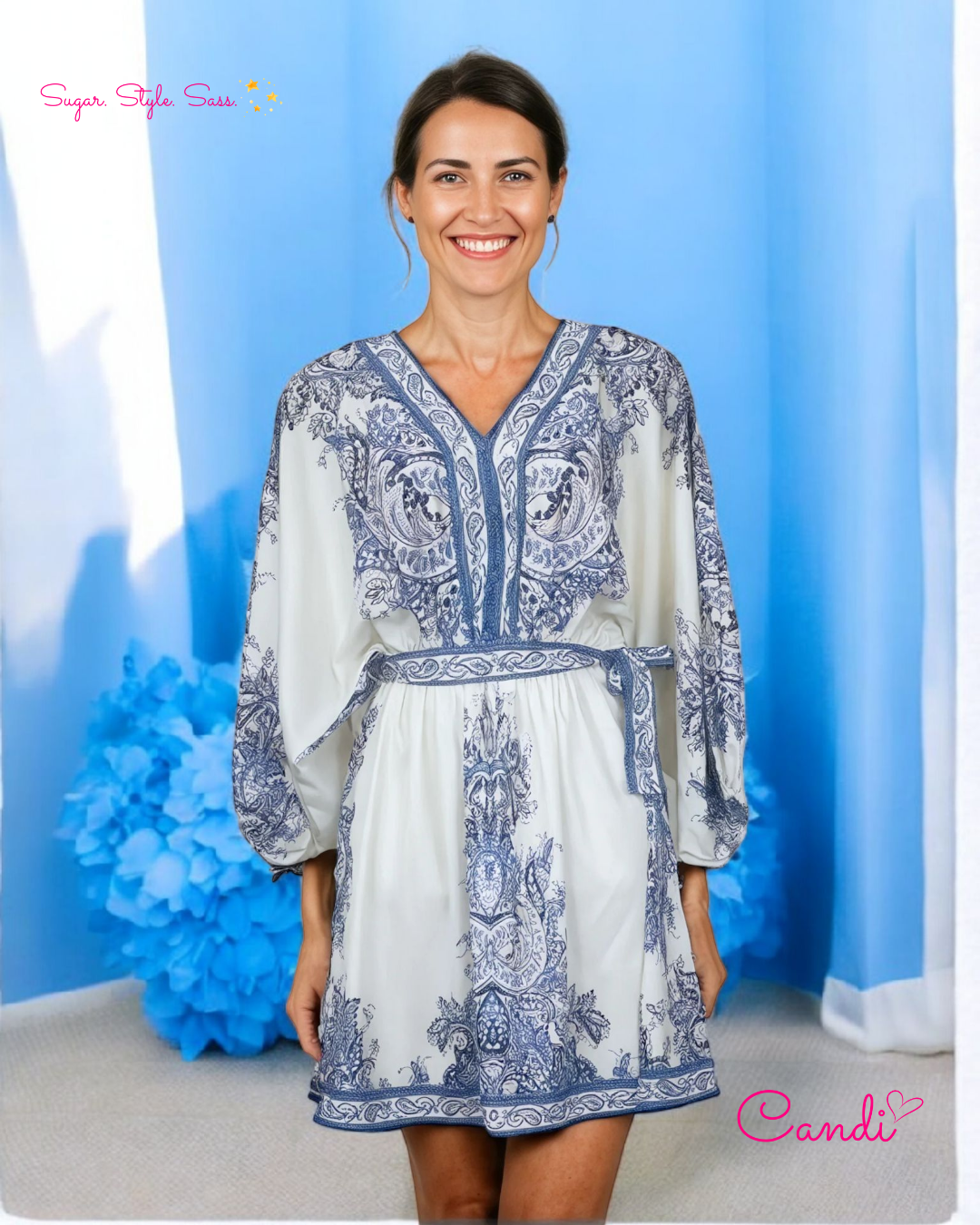 The Bohemian Breeze Mini Kaftan – Azure Floral Whimsy & Free-Spirited Charm. Fits Sizes S-L.