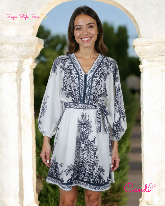 The Bohemian Twilight Mini Kaftan – Mystical Midnight Florals & Mediterranean Chic. Fits Sizes S-L.