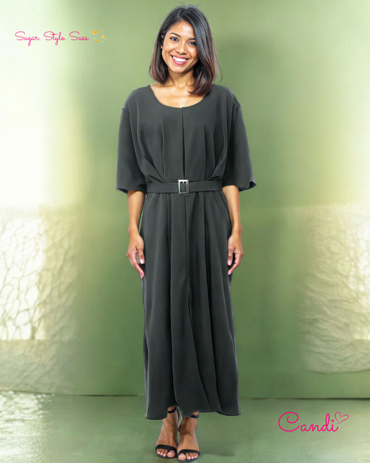 The Olive Grove Maxi Dress – Effortless Boho Elegance with Adjustable Buckle Belt. Fits Sizes M-XL.