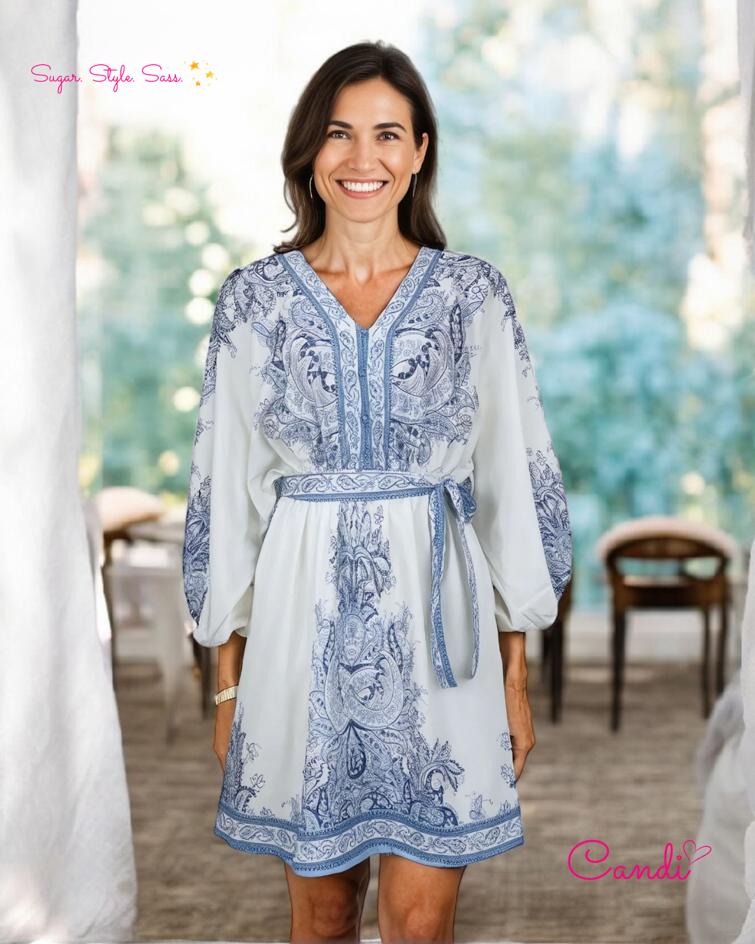 The Bohemian Sky Mini Kaftan – Light Blue Floral Serenity & Café-Ready Elegance. Fits Sizes S-L.