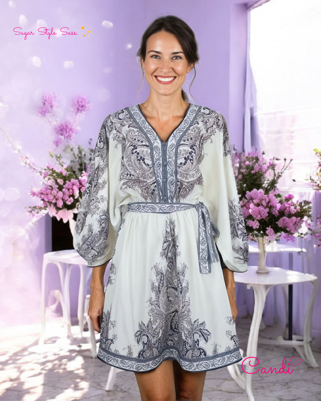 The Bohemian Bloom Mini Kaftan – Lilac Floral Serenity & Café-Ready Whimsy. Fits Sizes S-L.