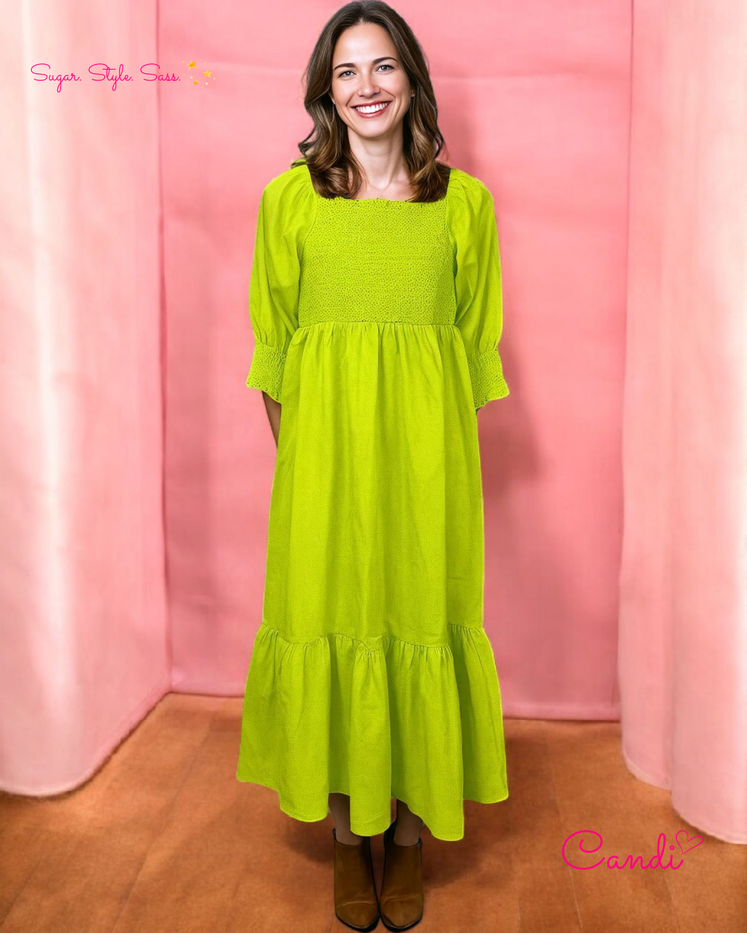 The Neon Muse Fit & Flare Dress – Puffed Sleeves & Smokey Artistry. Bold & Bright! Fits Sizes S-XXL.
