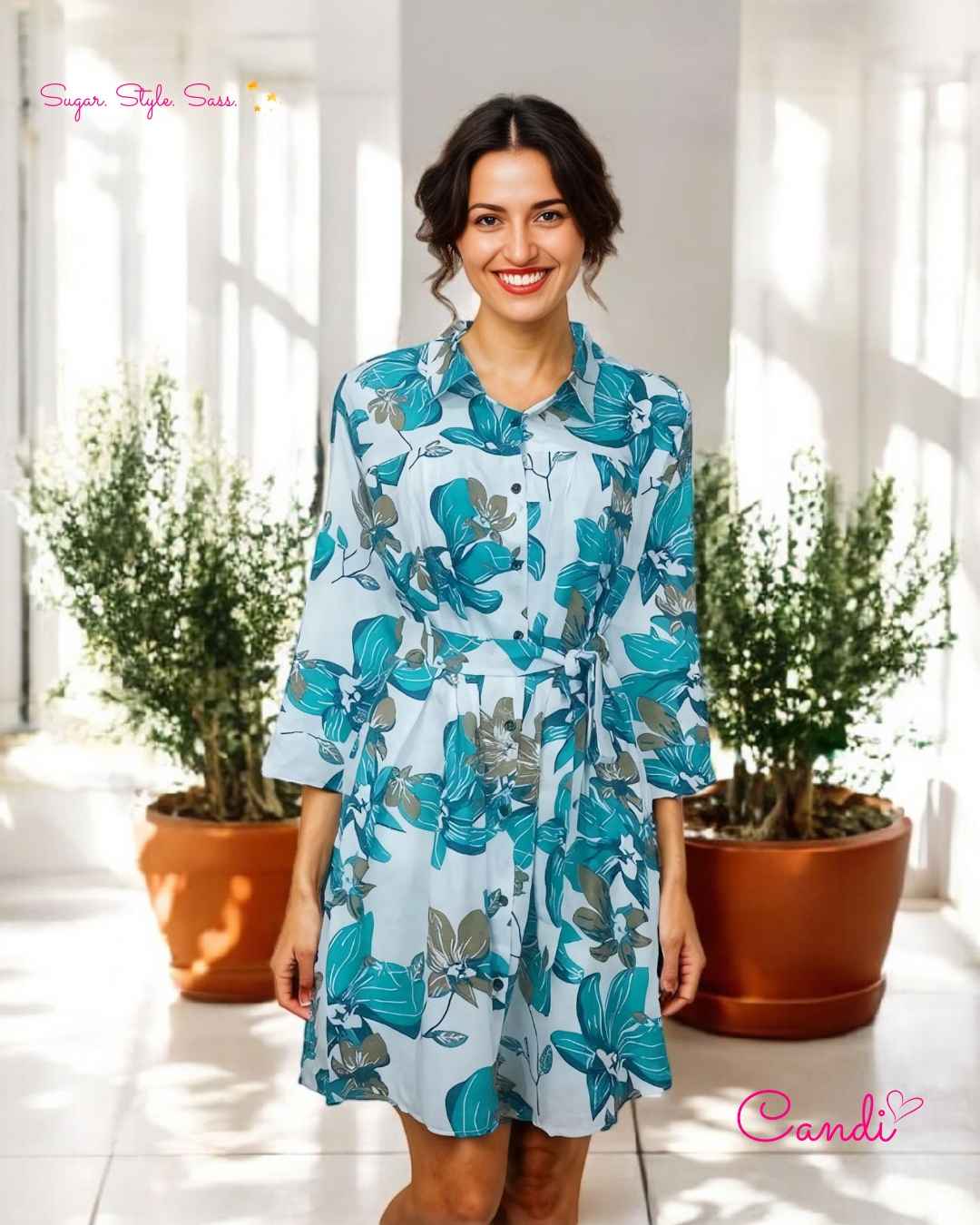 The Bloom Shirt Dress – Botanical Floral Print & Cinched Waist. Fits Sizes S-XL.