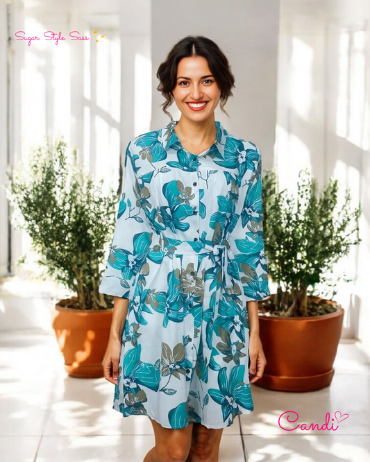 The Bloom Shirt Dress – Botanical Floral Print & Cinched Waist. Fits Sizes S-XL.