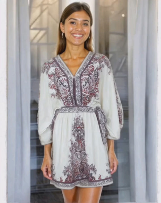 The Bohemian Muse Mini Kaftan – Red Floral Artistry & Adjustable Waist. Breezy & Bold! Fits Sizes S-L.