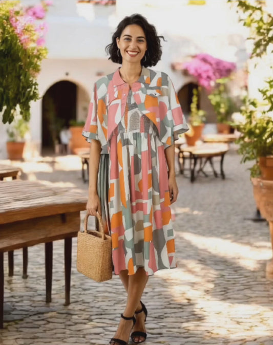 The Capri Midi Dress & Jacket Set – Abstract Elegance with Adjustable Straps. Fits Sizes S-XL.