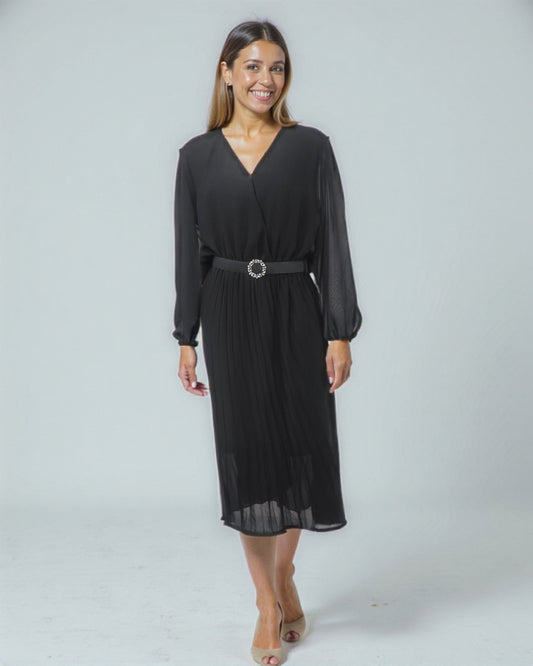 The Noir Midi Dress – Timeless Silhouette with Artisan Pleats & Adjustable Cinched Waist. Fits Sizes S-L.
