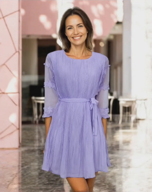 The Lavender Muse Mini Dress – Floral Sleeve Accents & Adjustable Waist. Fits Sizes S-L.