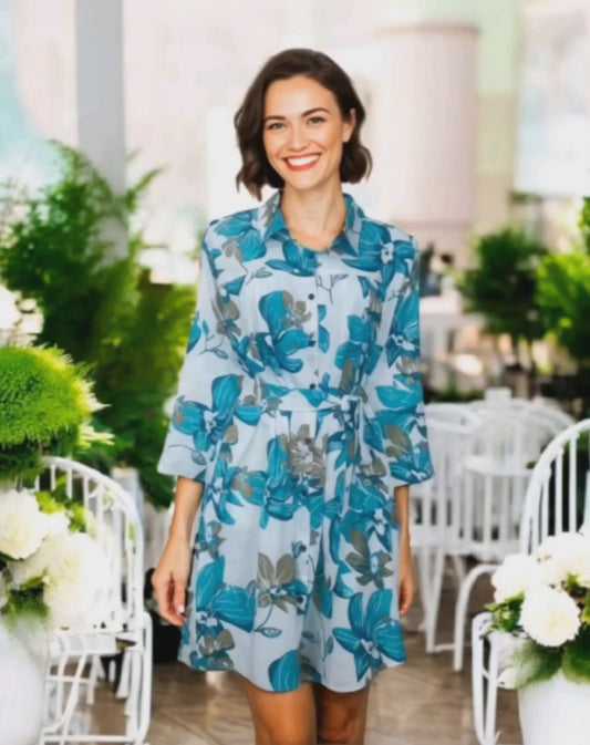 The Bloom Shirt Dress – Botanical Floral Print & Cinched Waist. Fits Sizes S-XL.